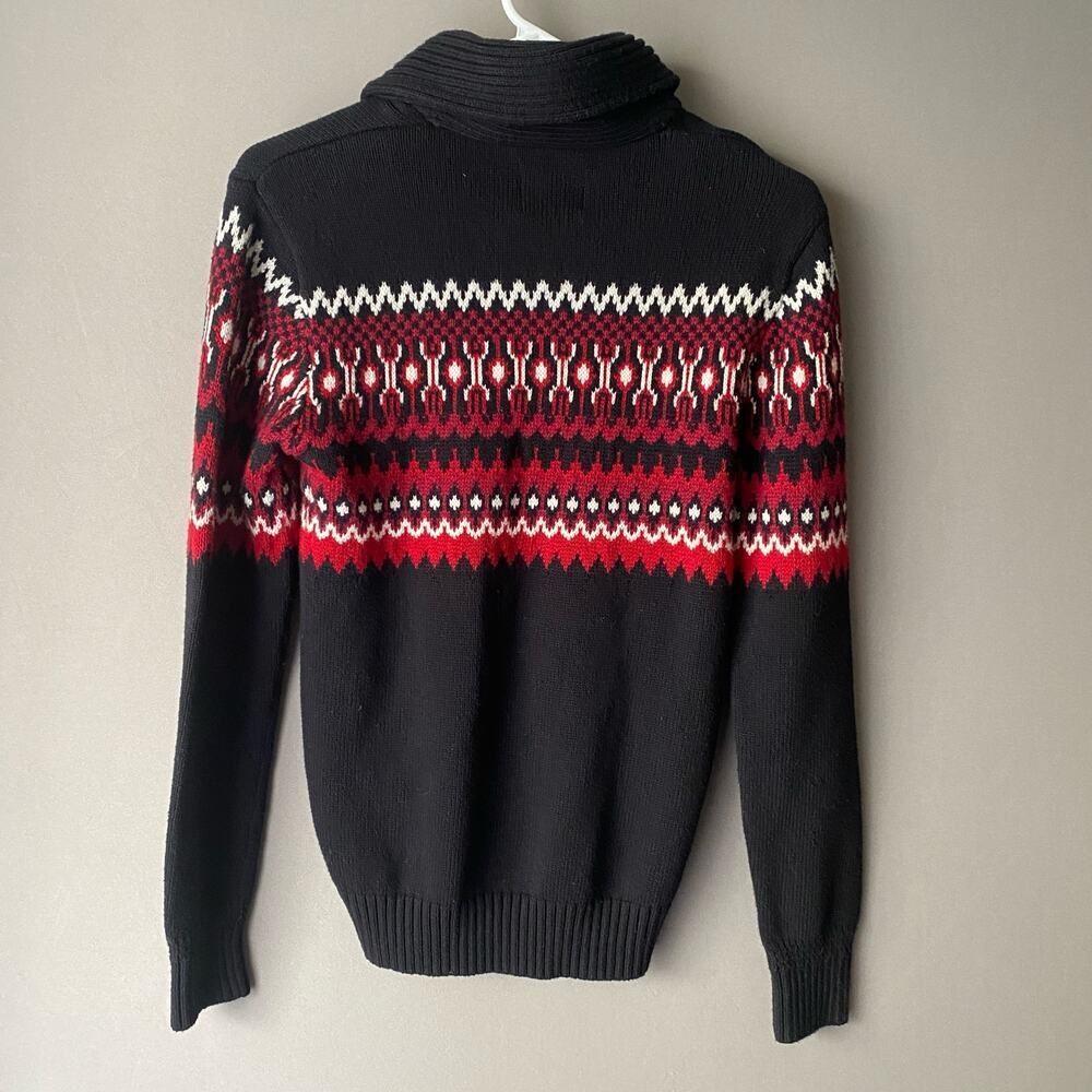 American Eagle Wool Rugged Outdoors Fisherman Fair Isle Shawl Sweater XS Black - Picture 4 of 10